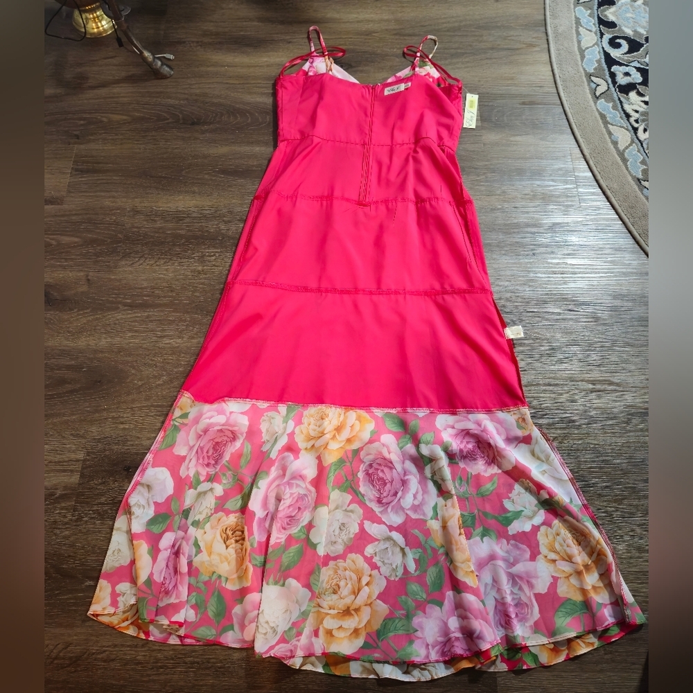 NWT Eliza J Floral Tiered Maxi Dress 16 Pink V-Neck Ruffle Chiffon Gown Wedding - Picture 12 of 14